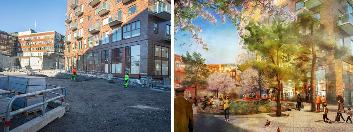 Granithöjden under uppbyggnad och en visionsbild över framtidens torg